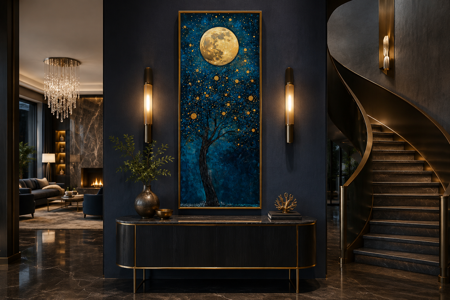Tall Narrow Magical Tree And Golden Moon On Navy Blue Background Wall Art
