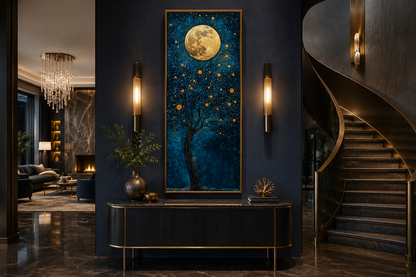 Tall Narrow Magical Tree And Golden Moon On Navy Blue Background Wall Art