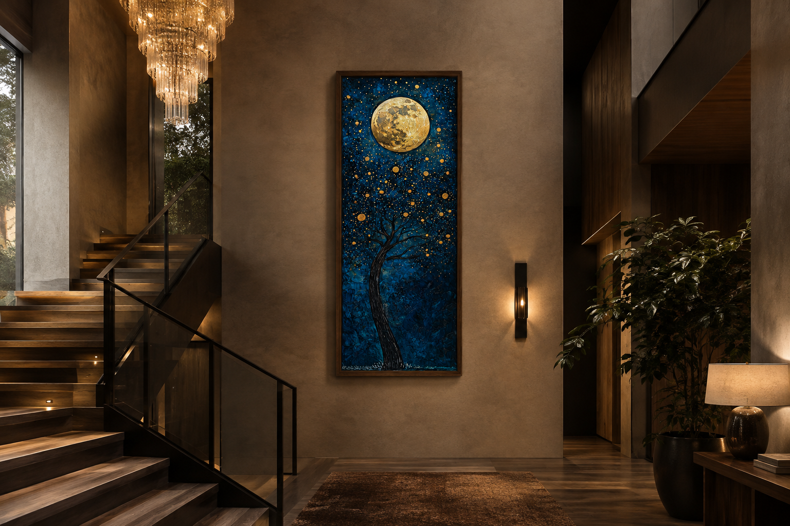 Tall Narrow Magical Tree And Golden Moon On Navy Blue Background Wall Art