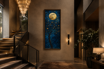 Tall Narrow Magical Tree And Golden Moon On Navy Blue Background Wall Art