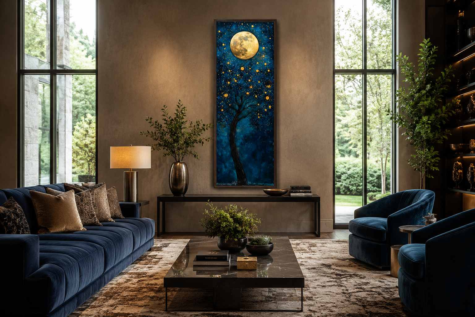 Tall Narrow Magical Tree And Golden Moon On Navy Blue Background Wall Art