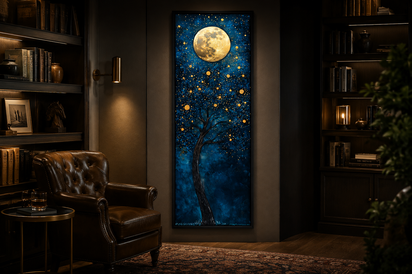 Tall Narrow Magical Tree And Golden Moon On Navy Blue Background Wall Art