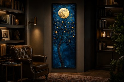Tall Narrow Magical Tree And Golden Moon On Navy Blue Background Wall Art