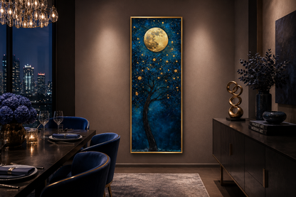 Tall Narrow Magical Tree And Golden Moon On Navy Blue Background Wall Art