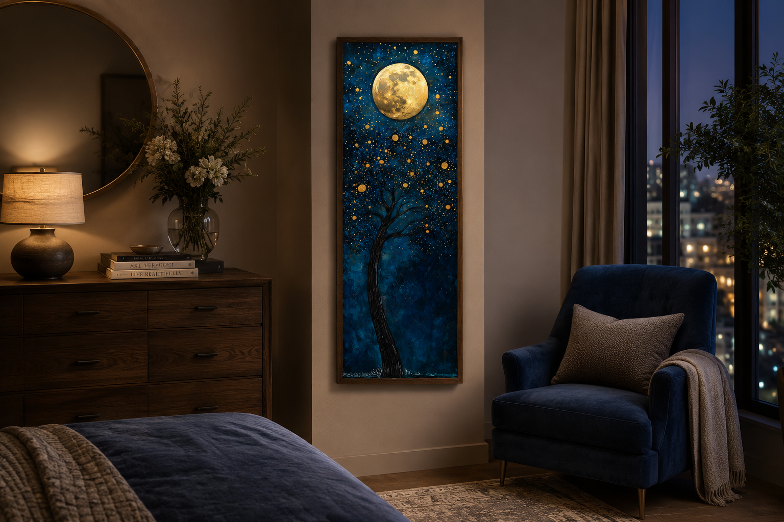 Tall Narrow Magical Tree And Golden Moon On Navy Blue Background Wall Art