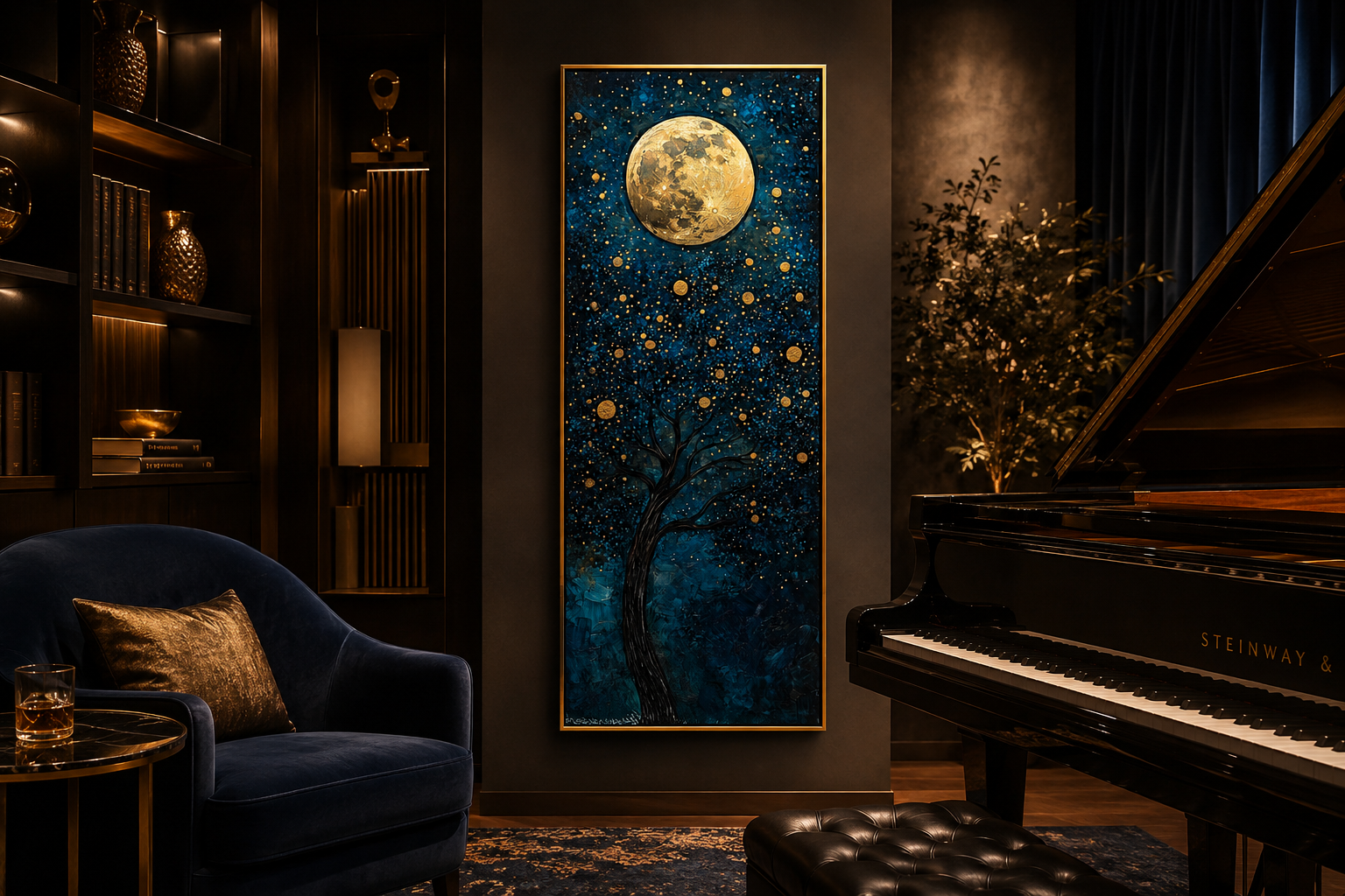 Tall Narrow Magical Tree And Golden Moon On Navy Blue Background Wall Art