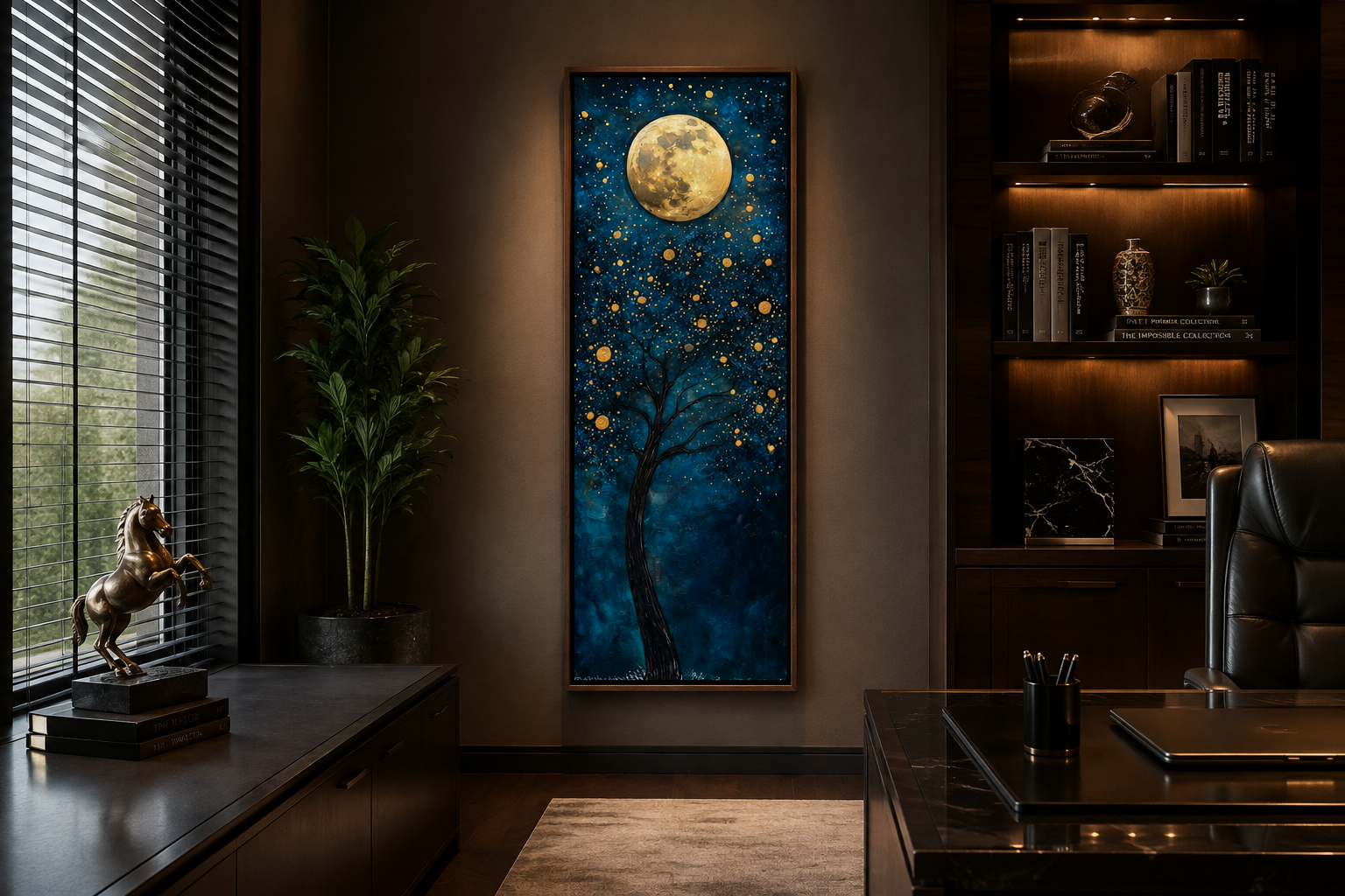 Tall Narrow Magical Tree And Golden Moon On Navy Blue Background Wall Art