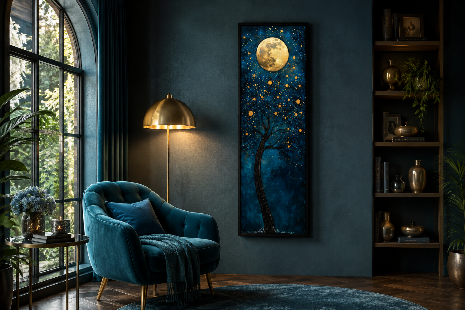 Tall Narrow Magical Tree And Golden Moon On Navy Blue Background Wall Art