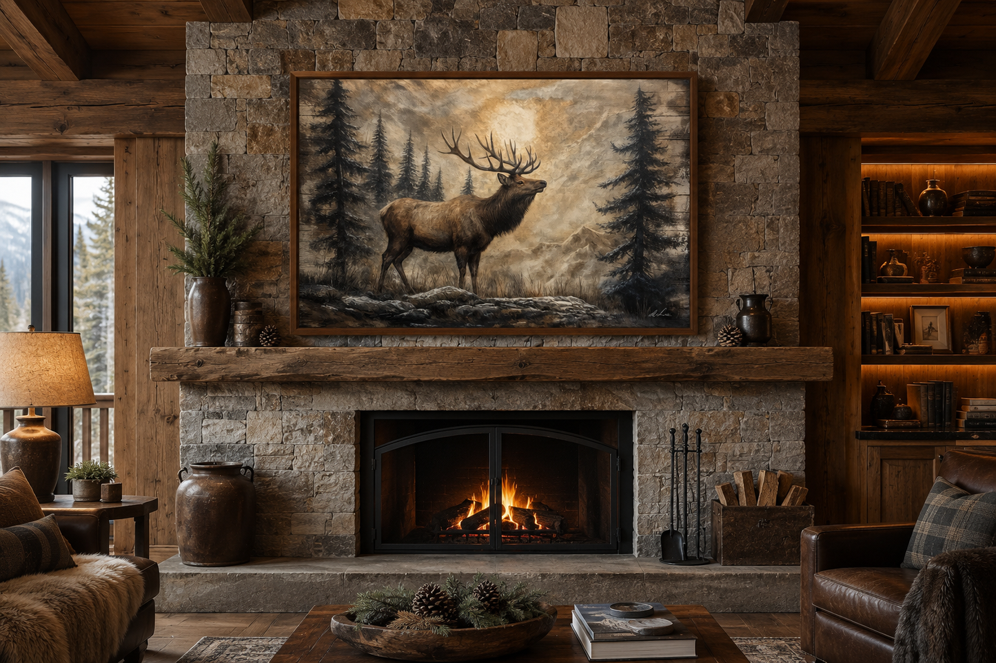 Rustic Elk In Winter Forest Painted On Wood Framed Canvas Wall Art For Cabin Decor