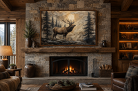 Rustic Elk In Winter Forest Painted On Wood Framed Canvas Wall Art For Cabin Decor