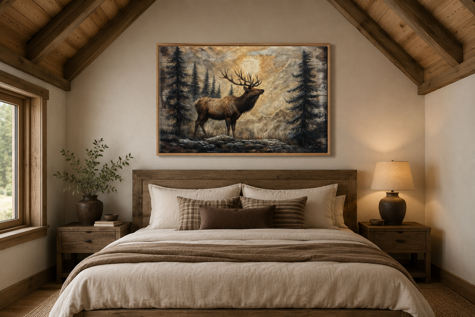 Rustic Elk In Winter Forest Painted On Wood Framed Canvas Wall Art For Cabin Decor