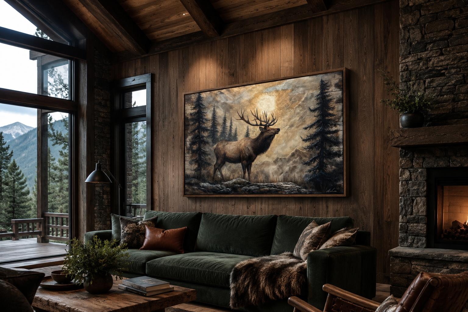 Rustic Elk In Winter Forest Painted On Wood Framed Canvas Wall Art For Cabin Decor