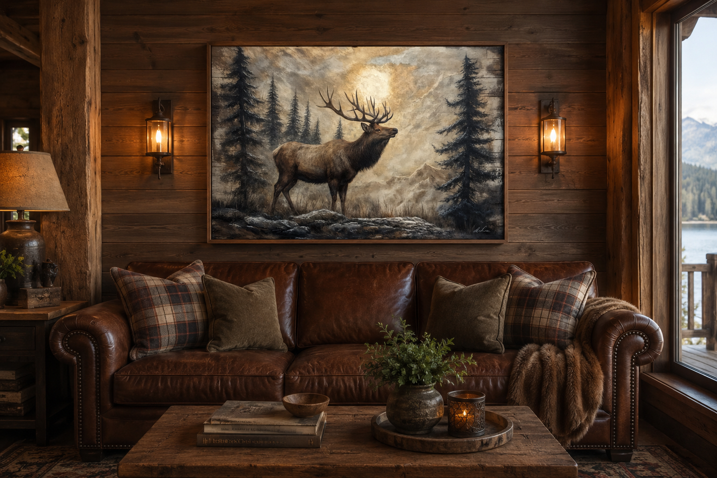 Rustic Elk In Winter Forest Painted On Wood Framed Canvas Wall Art For Cabin Decor