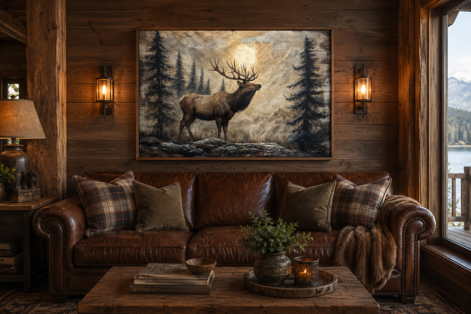Rustic Elk In Winter Forest Painted On Wood Framed Canvas Wall Art For Cabin Decor