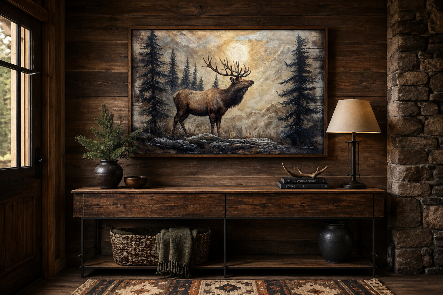 Rustic Elk In Winter Forest Painted On Wood Framed Canvas Wall Art For Cabin Decor
