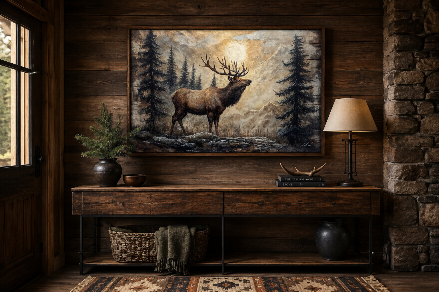 Rustic Elk In Winter Forest Painted On Wood Framed Canvas Wall Art For Cabin Decor