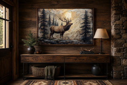 Rustic Elk In Winter Forest Painted On Wood Framed Canvas Wall Art For Cabin Decor