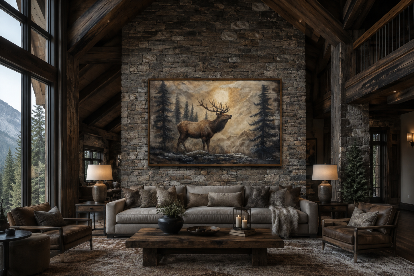 Rustic Elk In Winter Forest Painted On Wood Framed Canvas Wall Art For Cabin Decor
