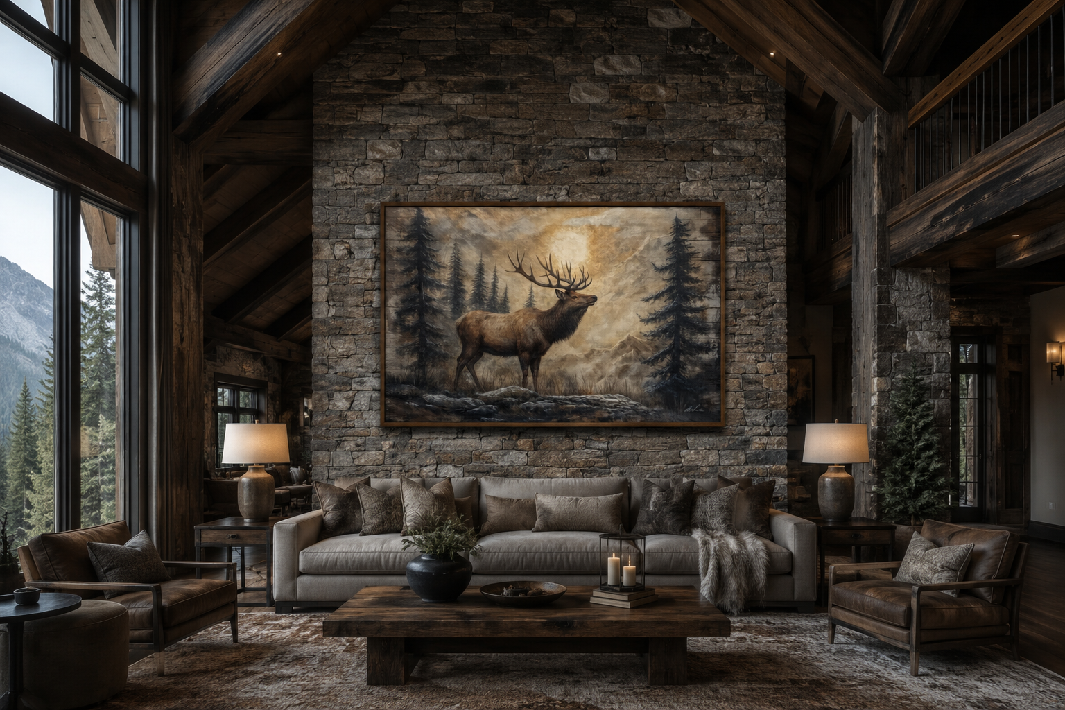 Rustic Elk In Winter Forest Painted On Wood Framed Canvas Wall Art For Cabin Decor