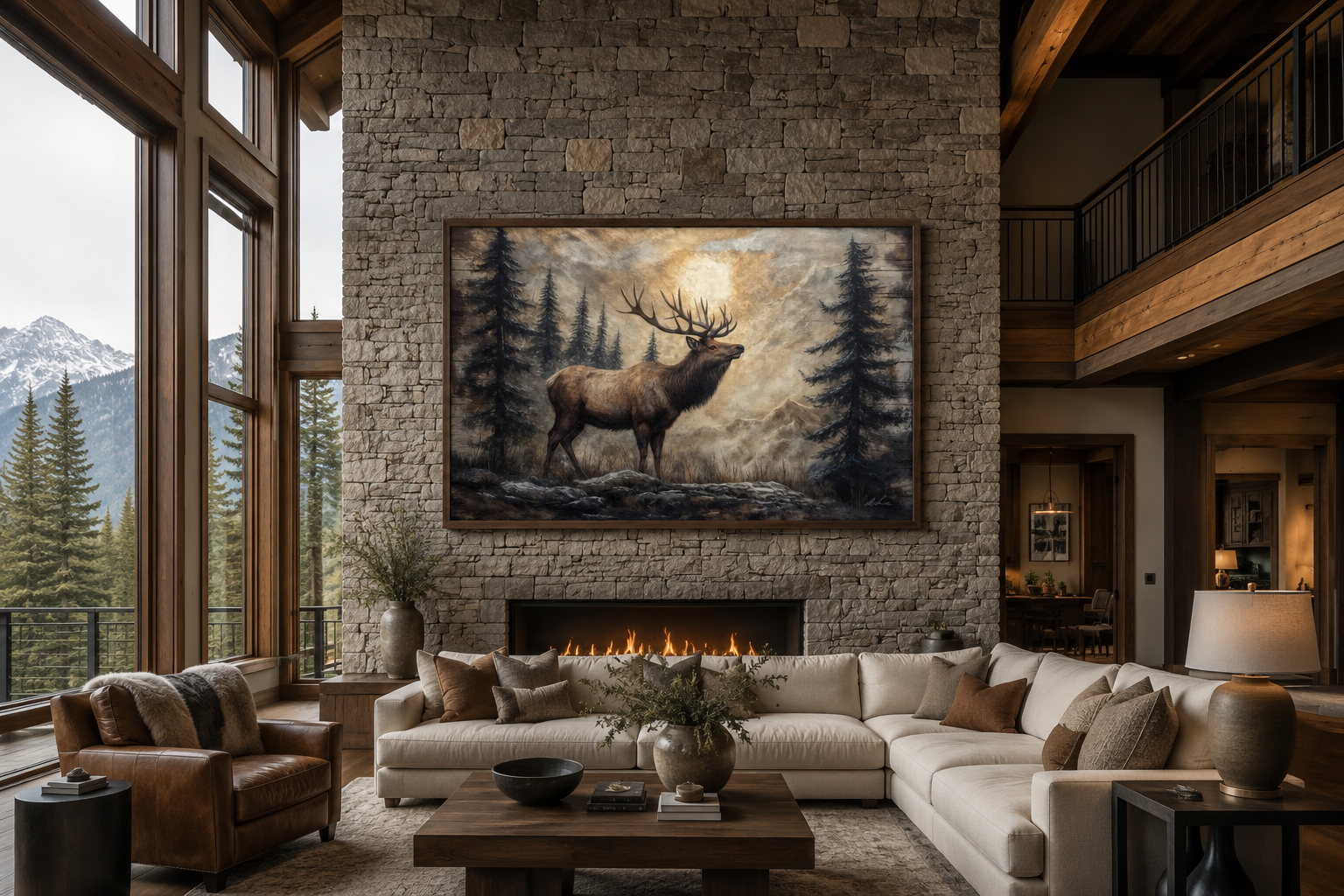 Rustic Elk In Winter Forest Painted On Wood Framed Canvas Wall Art For Cabin Decor