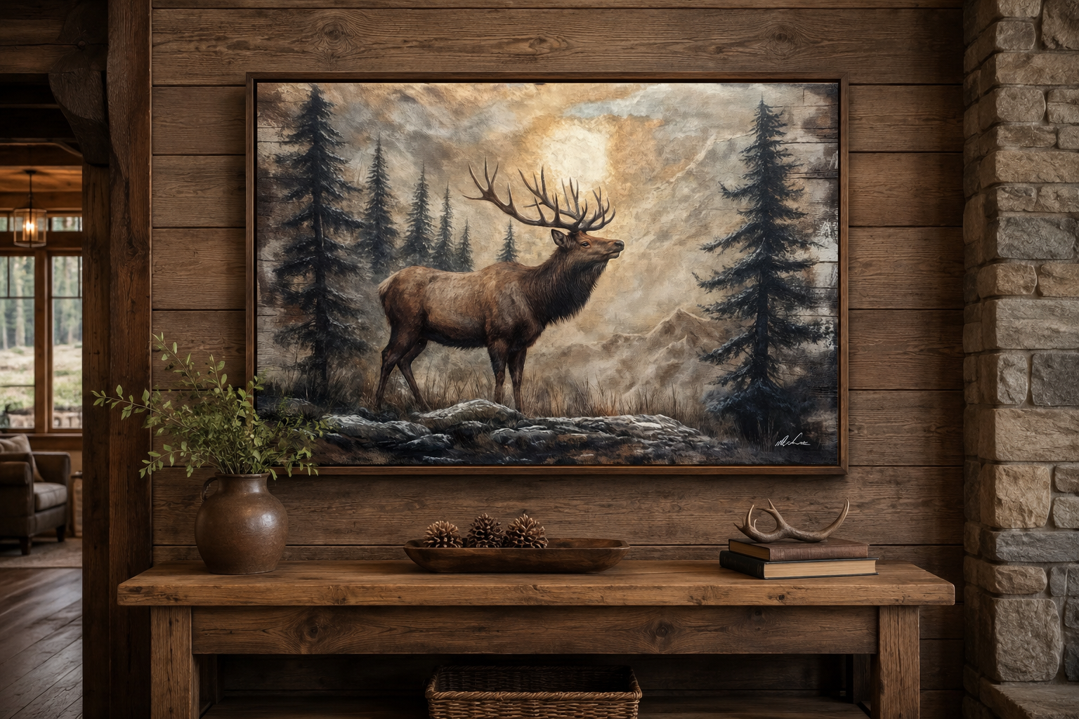 Rustic Elk In Winter Forest Painted On Wood Framed Canvas Wall Art For Cabin Decor