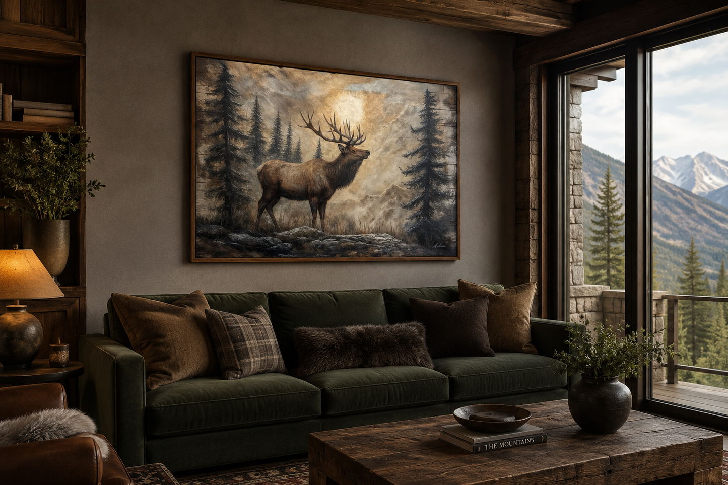 Rustic Elk In Winter Forest Painted On Wood Framed Canvas Wall Art For Cabin Decor