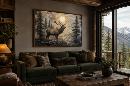 Rustic Elk In Winter Forest Painted On Wood Framed Canvas Wall Art For Cabin Decor