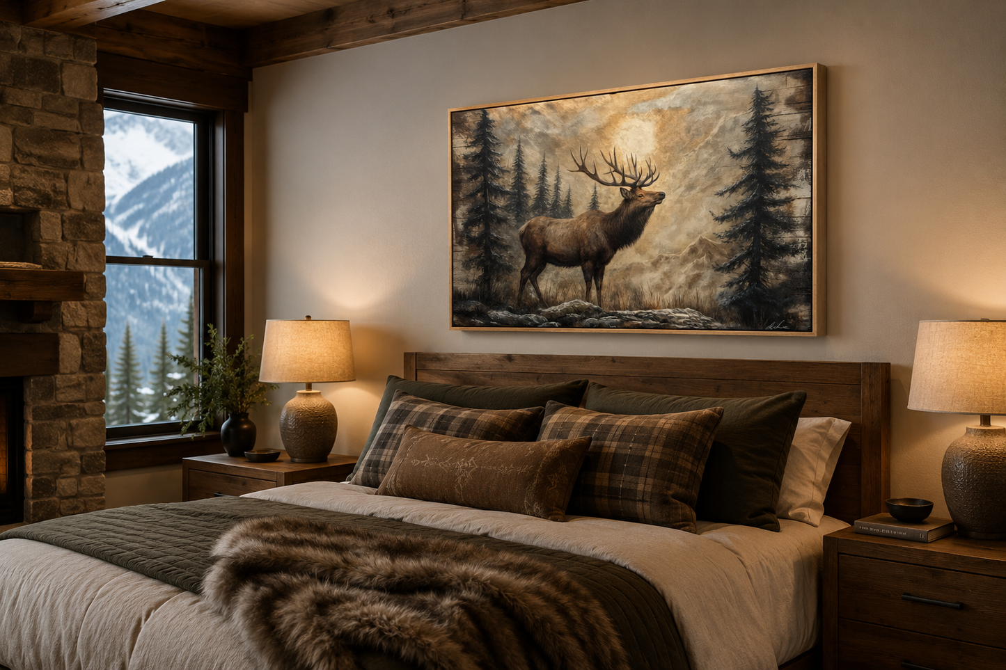 Rustic Elk In Winter Forest Painted On Wood Framed Canvas Wall Art For Cabin Decor