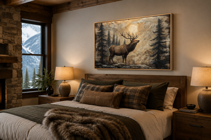 Rustic Elk In Winter Forest Painted On Wood Framed Canvas Wall Art For Cabin Decor