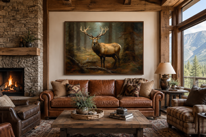 Elk In Fir Tree Forest Framed Canvas Wall Art For Cabin Decor