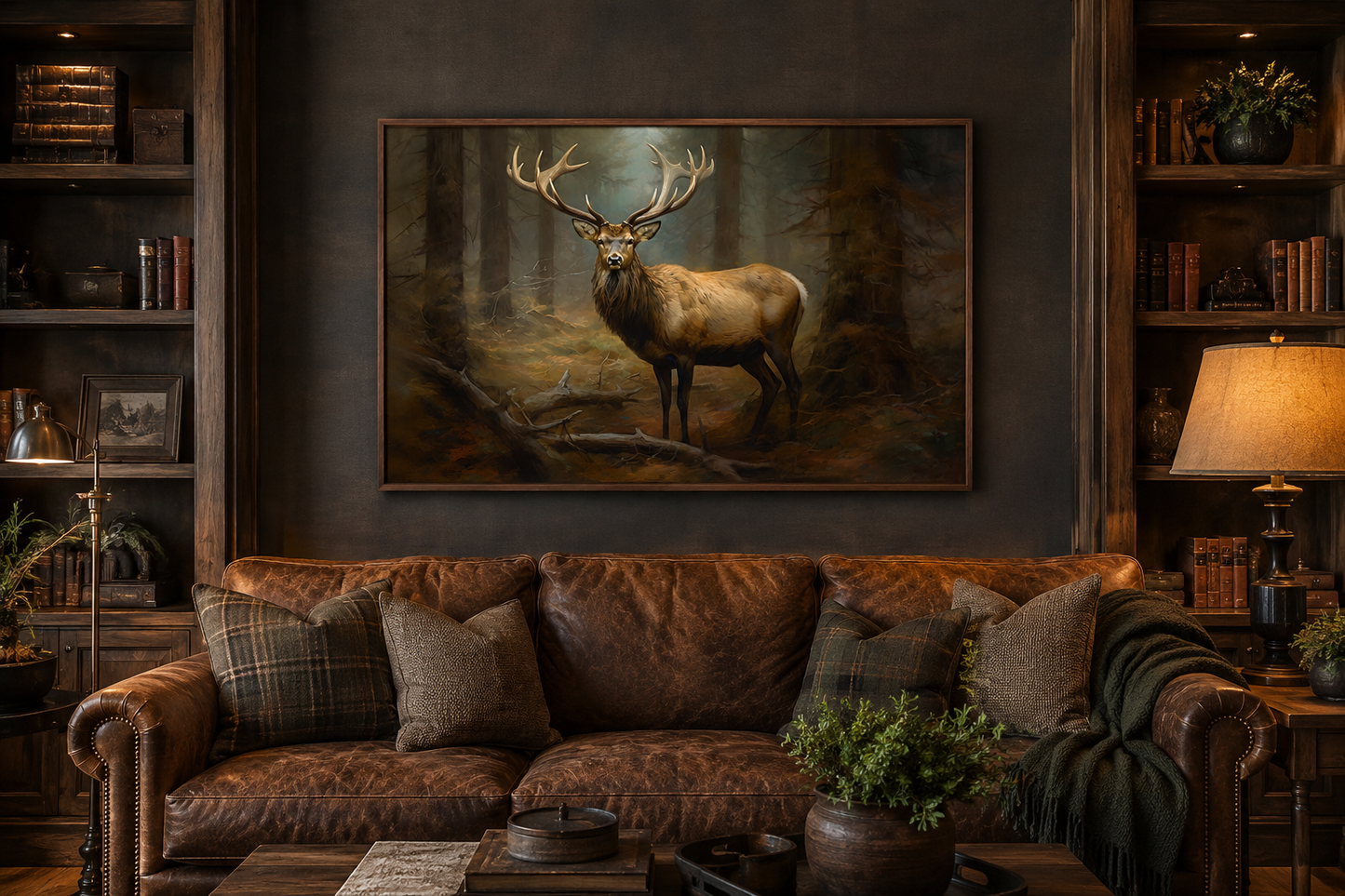 Elk In Fir Tree Forest Framed Canvas Wall Art For Cabin Decor