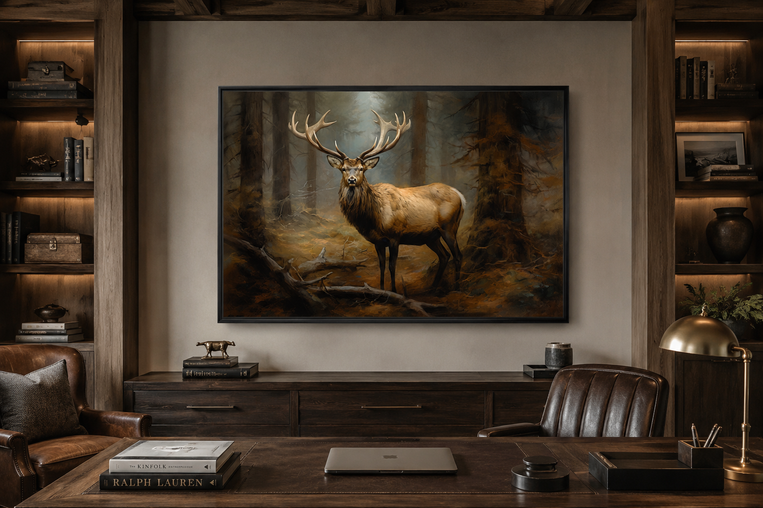 Elk In Fir Tree Forest Framed Canvas Wall Art For Cabin Decor