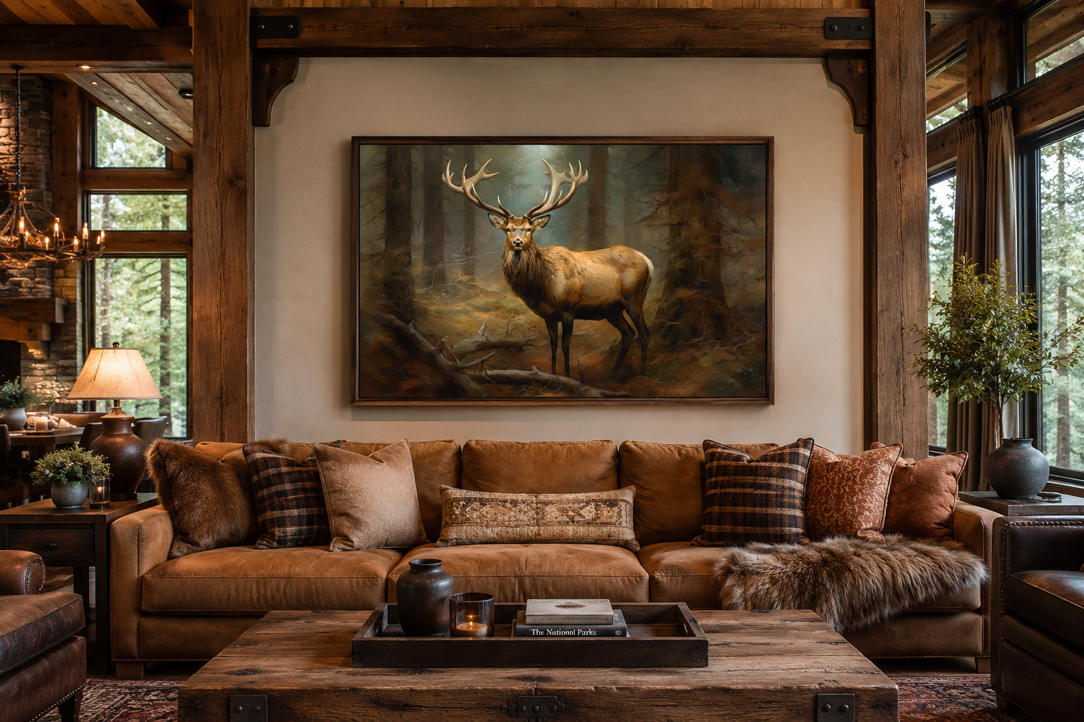 Elk In Fir Tree Forest Framed Canvas Wall Art For Cabin Decor