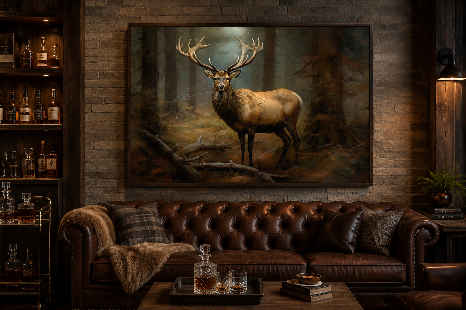 Elk In Fir Tree Forest Framed Canvas Wall Art For Cabin Decor