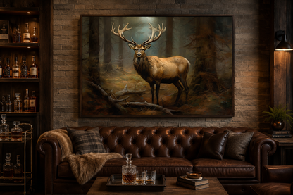 Elk In Fir Tree Forest Framed Canvas Wall Art For Cabin Decor