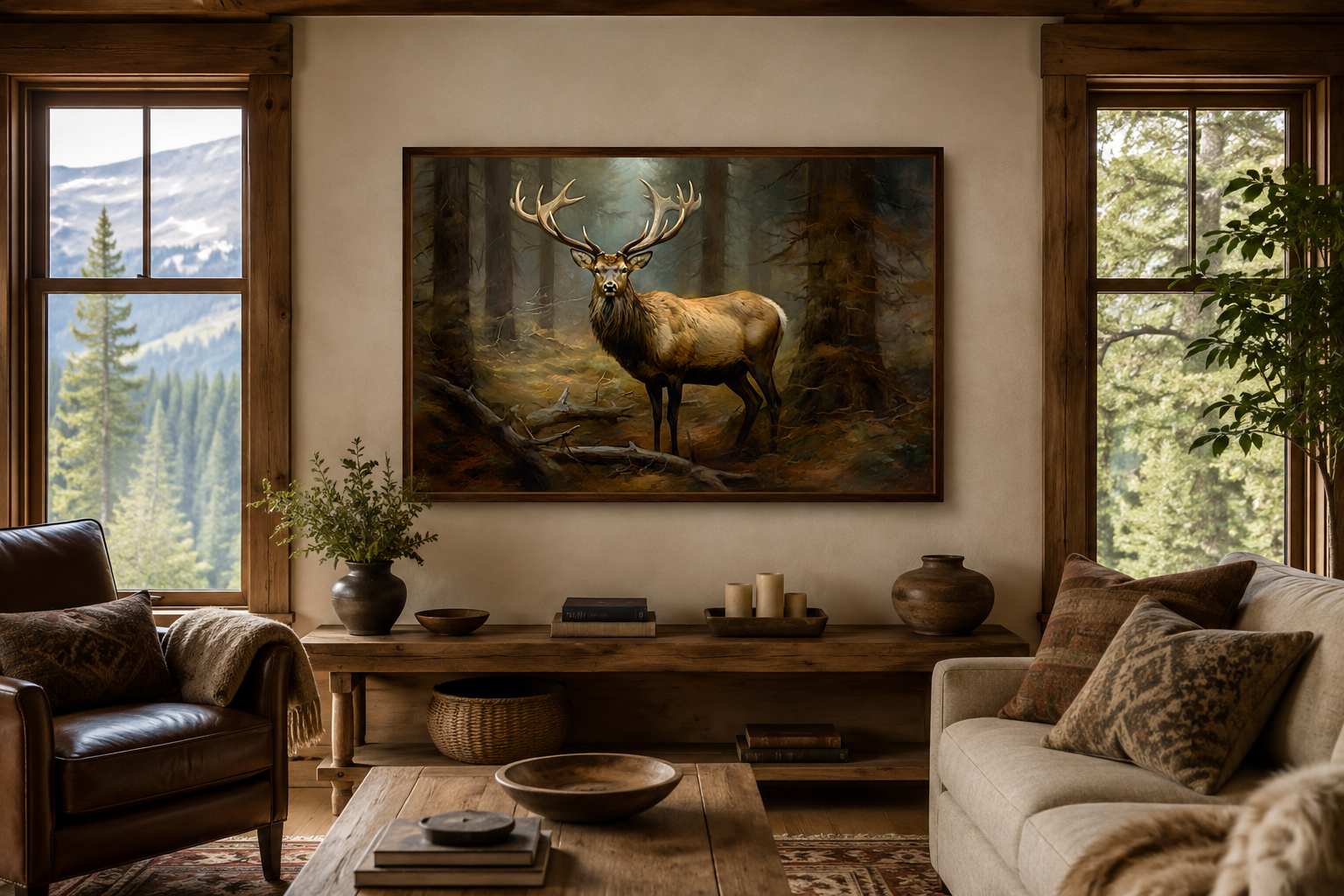 Elk In Fir Tree Forest Framed Canvas Wall Art For Cabin Decor
