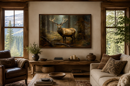 Elk In Fir Tree Forest Framed Canvas Wall Art For Cabin Decor