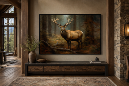 Elk In Fir Tree Forest Framed Canvas Wall Art For Cabin Decor