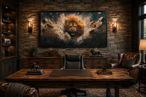 Fierce Lion Breaking Brick Wall Man Cave Or Manly Office Wall Decor Canvas Wall Art