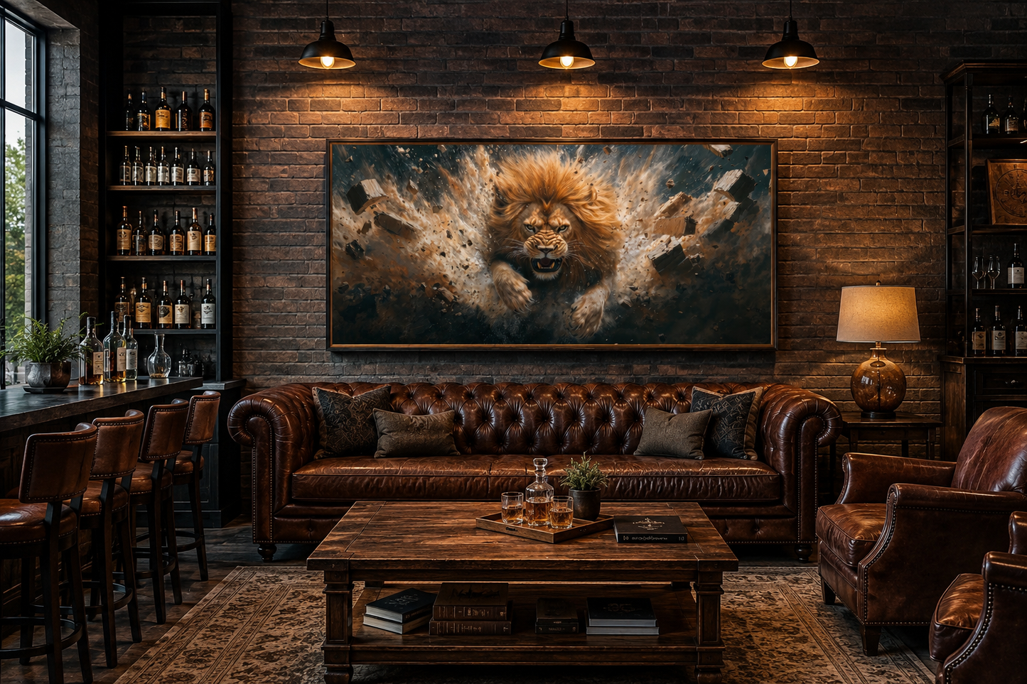 Fierce Lion Breaking Brick Wall Man Cave Or Manly Office Wall Decor Canvas Wall Art