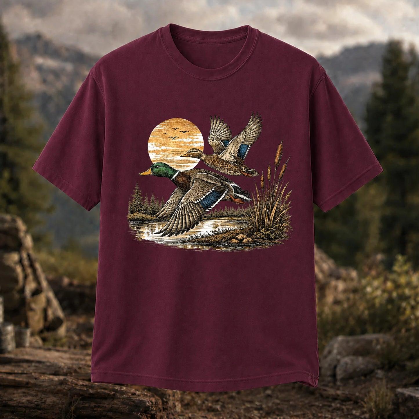 Mallard Ducks Flying at Sunset T-Shirt, Retro Waterfowl Hunting Tee