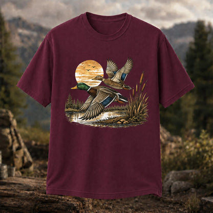 Mallard Ducks Flying at Sunset T-Shirt, Retro Waterfowl Hunting Tee