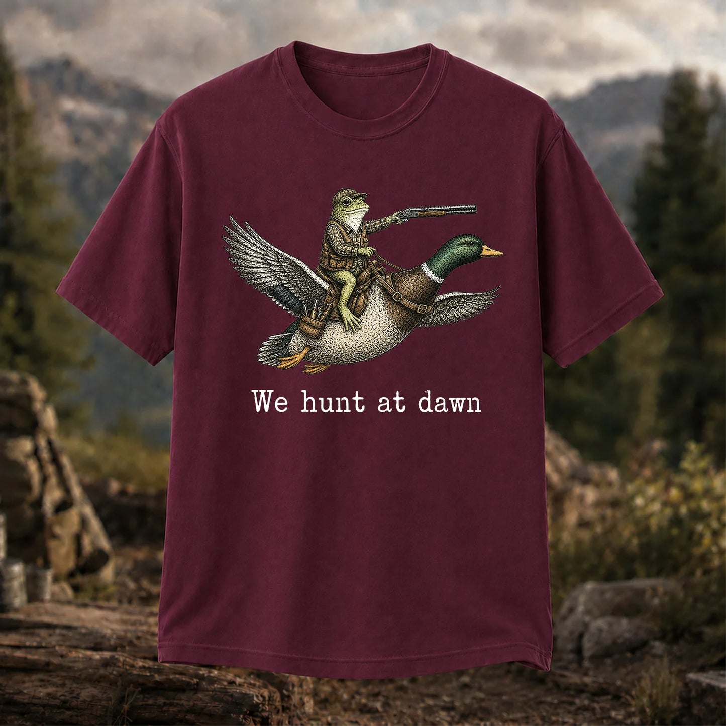 We Hunt at Dawn T-Shirt, Funny Frog Duck Hunting Tee
