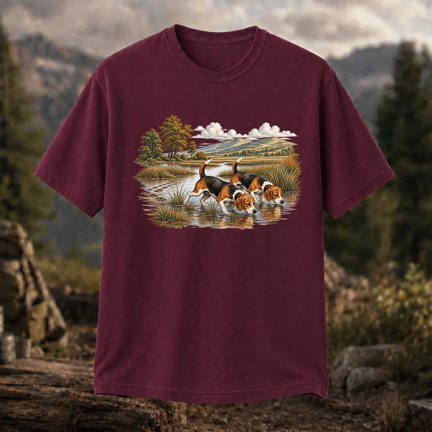Beagles Tracking Through a Marsh T-Shirt, Vintage Hunting Dog Tee