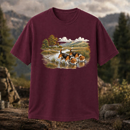 Beagles Tracking Through a Marsh T-Shirt, Vintage Hunting Dog Tee