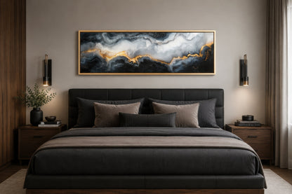 Black White Gold Marble Painting Long Thin Horizontal Framed Canvas Wall Art