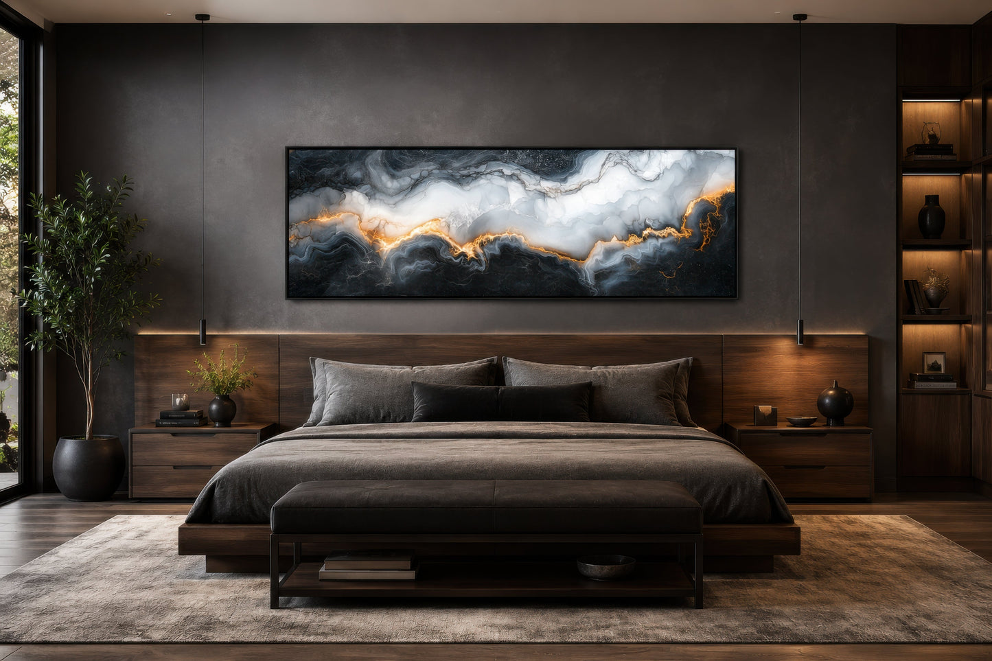 Black White Gold Marble Painting Long Thin Horizontal Framed Canvas Wall Art