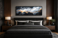 Black White Gold Marble Painting Long Thin Horizontal Framed Canvas Wall Art