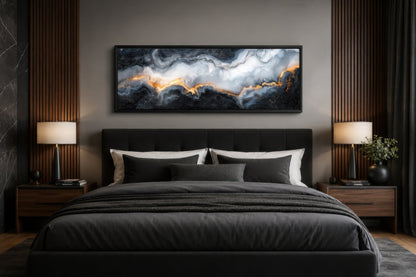 Black White Gold Marble Painting Long Thin Horizontal Framed Canvas Wall Art