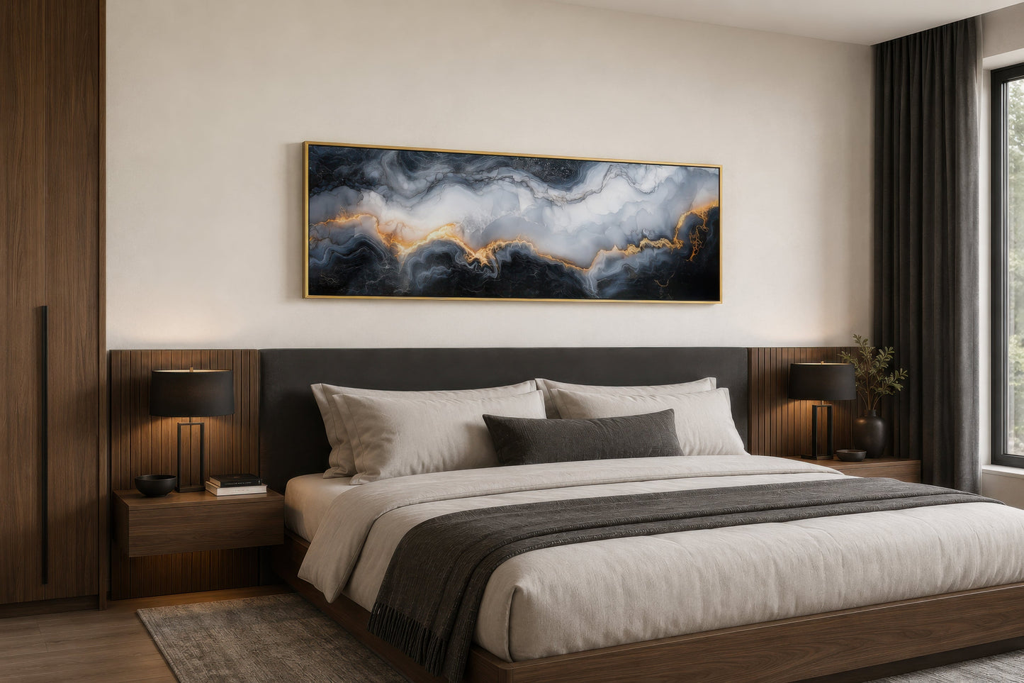 Black White Gold Marble Painting Long Thin Horizontal Framed Canvas Wall Art